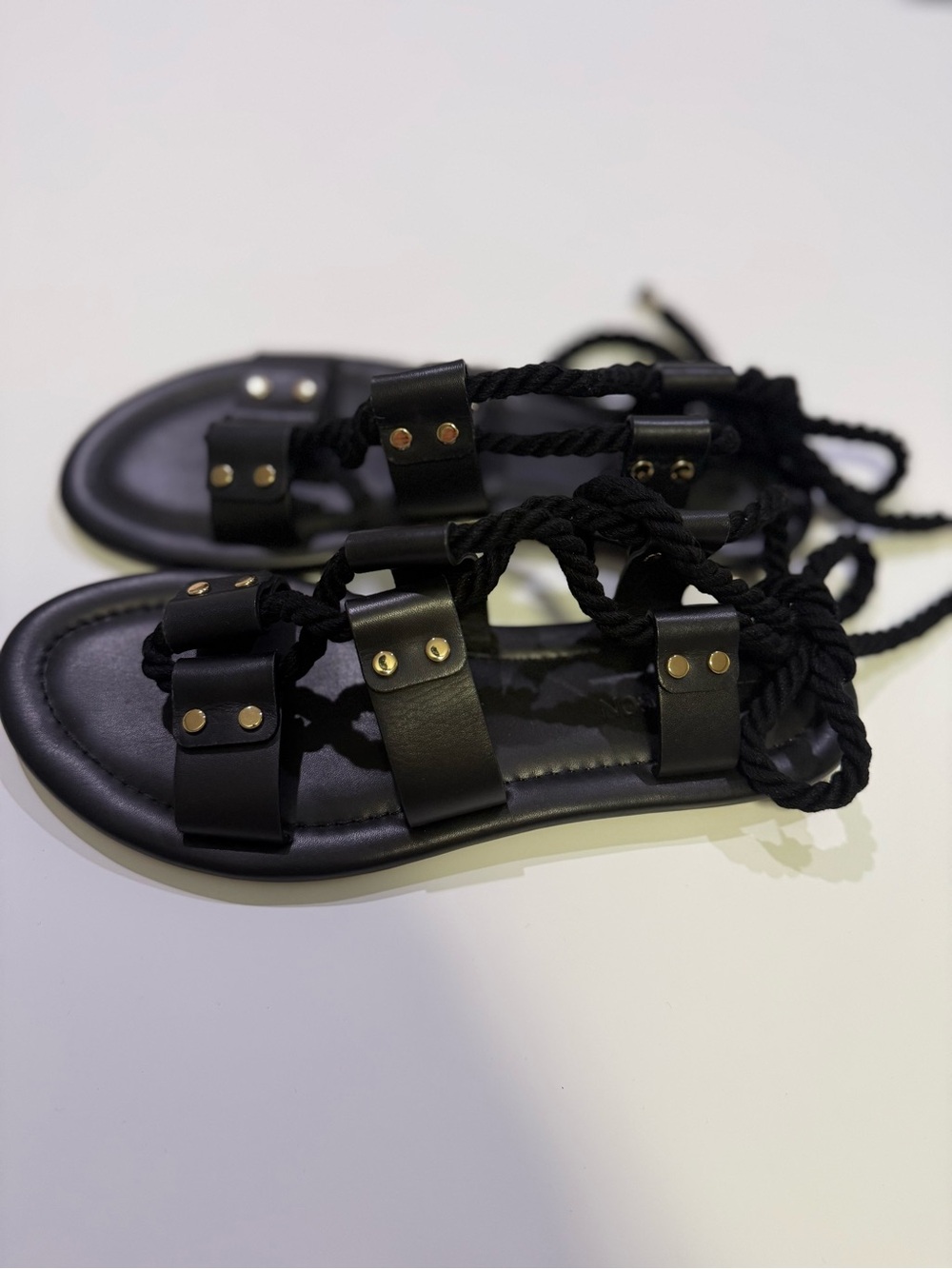 Ulla Johnson Eva Black Leather Rope Tie Flat Sandals - Size 10 NWOT